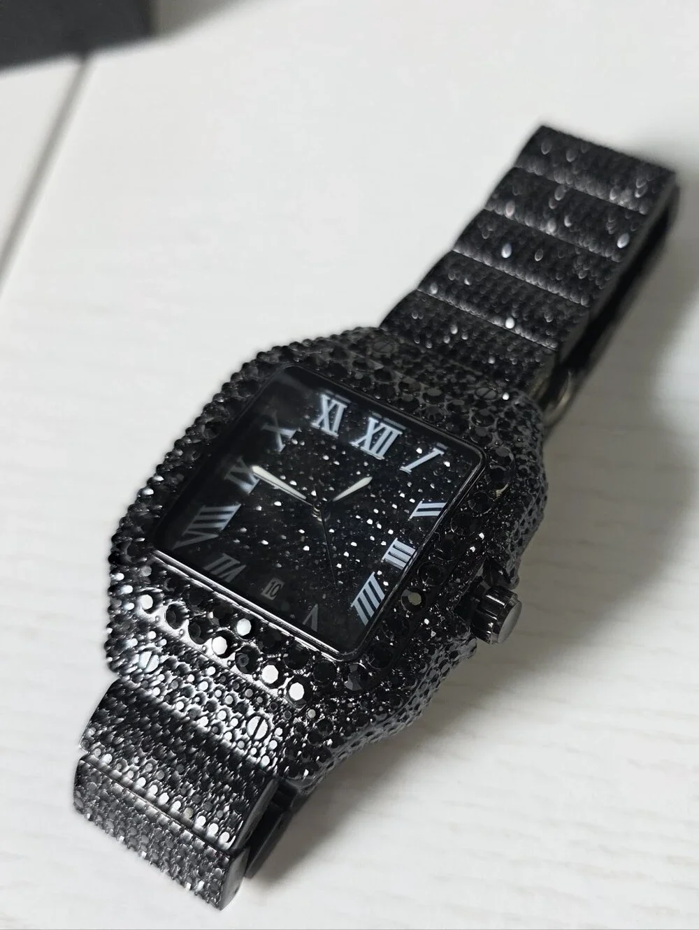 344.  Black Crystal-Embellished Square Face Watch
